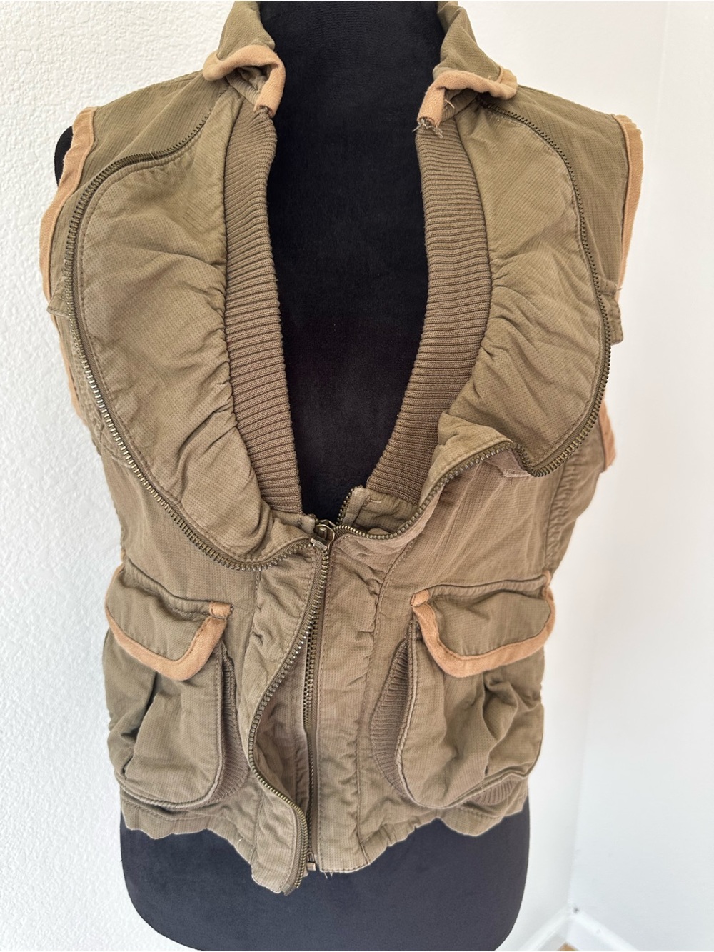 Old Navy Y2K 2007 Utility Moto Vest Medium Brown Cargo Zip